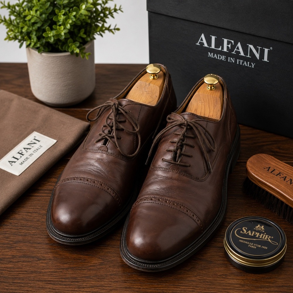 Alfani Men's Brown Cap Toe Oxford Dress Shoes Made in Italy Leather Lace Up